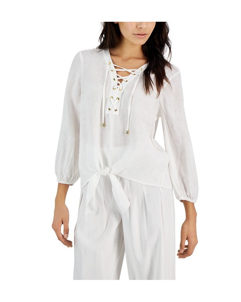 Women's Lace-Up Tie-Hem Linen Blouse White $20.68 Tops