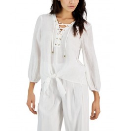 Women's Lace-Up Tie-Hem Linen Blouse White $20.68 Tops