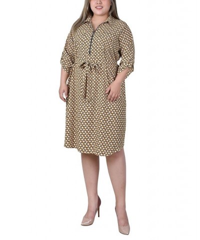 Plus Size 3/4 Roll Tab Sleeve Zippered Shirt Dress Yellow White Black Diamond $14.62 Dresses