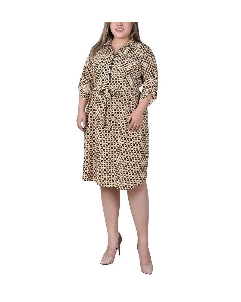 Plus Size 3/4 Roll Tab Sleeve Zippered Shirt Dress Yellow White Black Diamond $14.62 Dresses