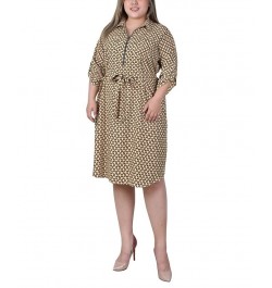 Plus Size 3/4 Roll Tab Sleeve Zippered Shirt Dress Yellow White Black Diamond $14.62 Dresses