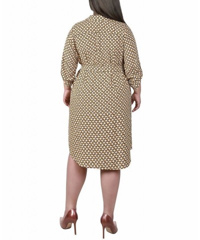 Plus Size 3/4 Roll Tab Sleeve Zippered Shirt Dress Yellow White Black Diamond $14.62 Dresses