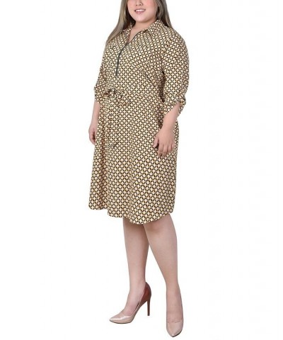 Plus Size 3/4 Roll Tab Sleeve Zippered Shirt Dress Yellow White Black Diamond $14.62 Dresses