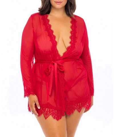 Plus Size Eyelash Lace 2pc Lingerie Set Robe with Satin Sash and G-String Red $18.83 Lingerie