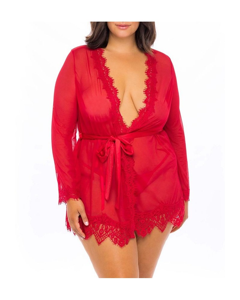 Plus Size Eyelash Lace 2pc Lingerie Set Robe with Satin Sash and G-String Red $18.83 Lingerie