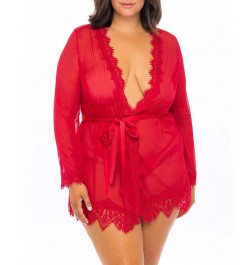 Plus Size Eyelash Lace 2pc Lingerie Set Robe with Satin Sash and G-String Red $18.83 Lingerie