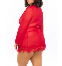 Plus Size Eyelash Lace 2pc Lingerie Set Robe with Satin Sash and G-String Red $18.83 Lingerie