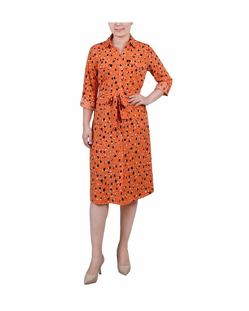 Petite Printed Long Sleeve Roll Tab Shirtdress Rust Black Bubble $20.72 Dresses