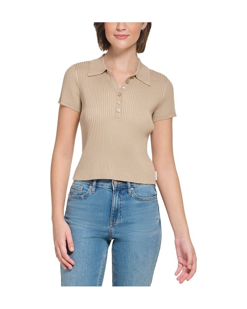 Women's Ribbed Quarter-Button Polo Shirt Tan/Beige $26.78 Tops