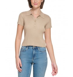 Women's Ribbed Quarter-Button Polo Shirt Tan/Beige $26.78 Tops