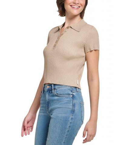 Women's Ribbed Quarter-Button Polo Shirt Tan/Beige $26.78 Tops