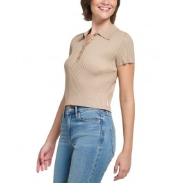 Women's Ribbed Quarter-Button Polo Shirt Tan/Beige $26.78 Tops