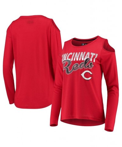 Women's Red Cincinnati Reds Crackerjack Cold Shoulder Long Sleeve T-shirt Red $30.67 Tops