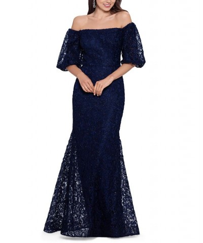 Petite Lace Off-The-Shoulder Gown Navy $125.58 Dresses