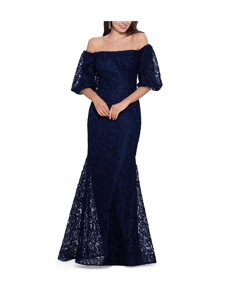 Petite Lace Off-The-Shoulder Gown Navy $125.58 Dresses