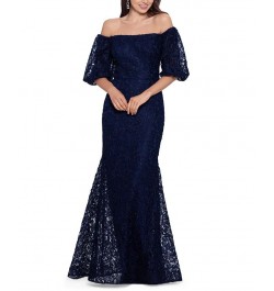 Petite Lace Off-The-Shoulder Gown Navy $125.58 Dresses