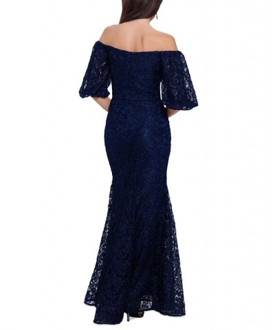 Petite Lace Off-The-Shoulder Gown Navy $125.58 Dresses