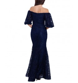 Petite Lace Off-The-Shoulder Gown Navy $125.58 Dresses