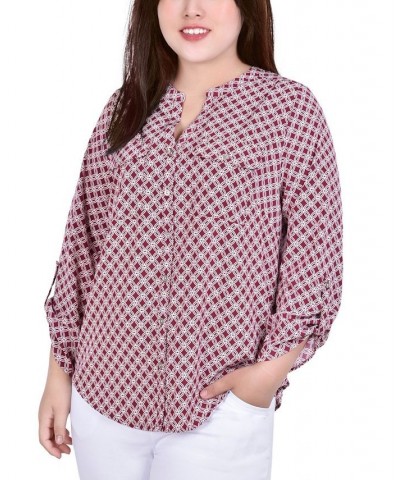 Plus Size 3/4 Sleeve Roll Tab Y Neck Blouse $12.56 Tops