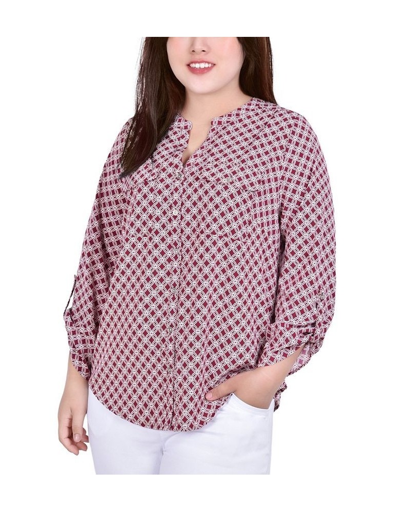 Plus Size 3/4 Sleeve Roll Tab Y Neck Blouse $12.56 Tops