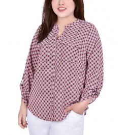 Plus Size 3/4 Sleeve Roll Tab Y Neck Blouse $12.56 Tops