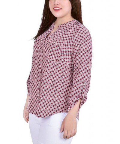 Plus Size 3/4 Sleeve Roll Tab Y Neck Blouse $12.56 Tops