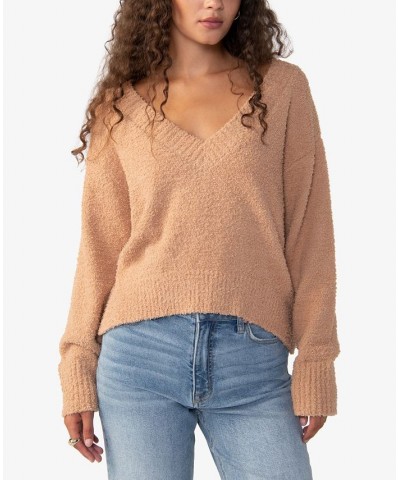 Women's Plush Long Sleeve V-Neck Sweater Brown $22.70 Sweaters
