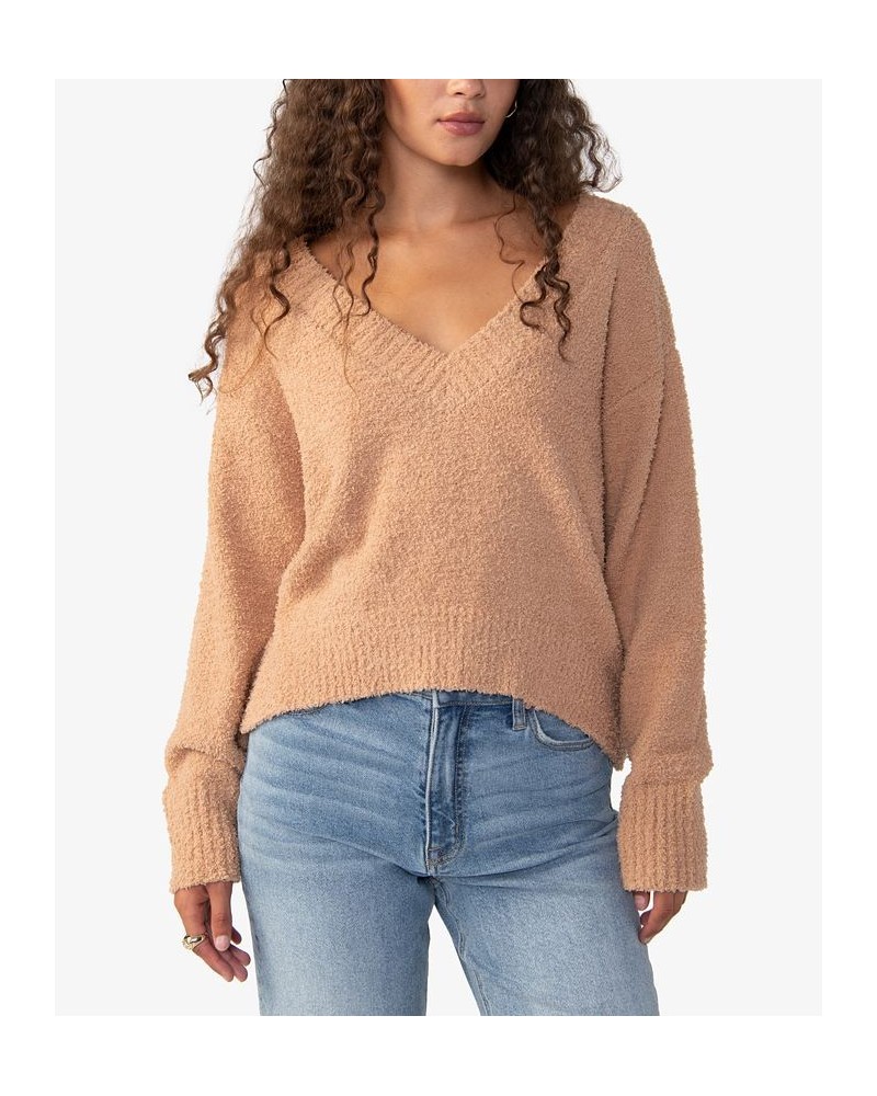 Women's Plush Long Sleeve V-Neck Sweater Brown $22.70 Sweaters