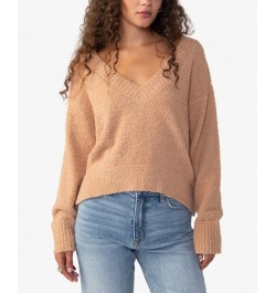 Women's Plush Long Sleeve V-Neck Sweater Brown $22.70 Sweaters