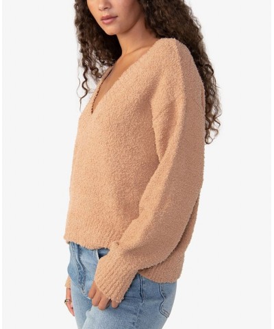 Women's Plush Long Sleeve V-Neck Sweater Brown $22.70 Sweaters