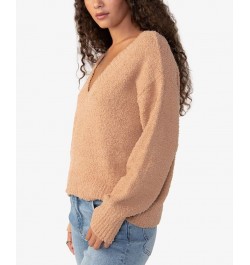 Women's Plush Long Sleeve V-Neck Sweater Brown $22.70 Sweaters