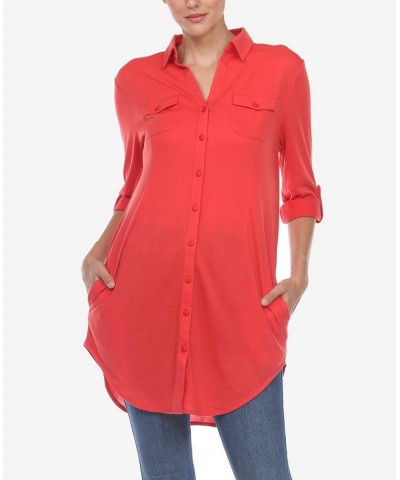 Women's Stretchy Button-Down Tunic Top Red $14.76 Tops