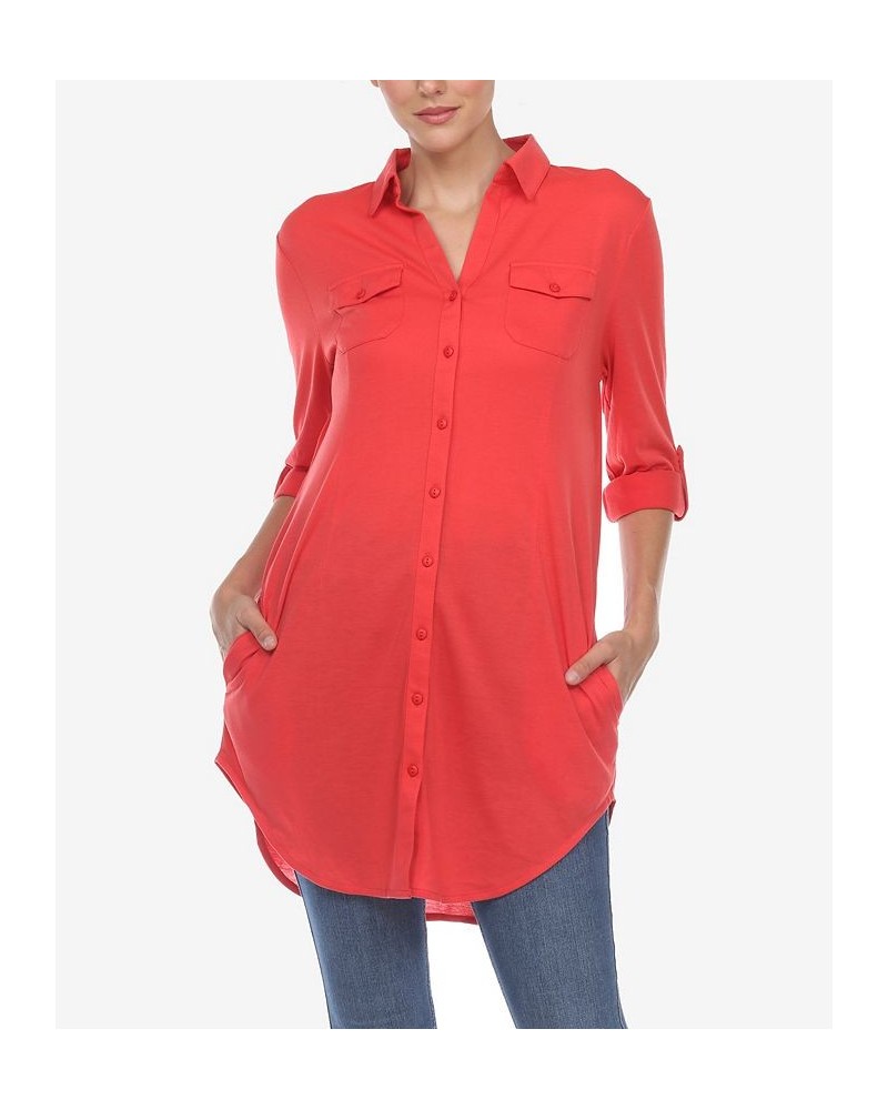 Women's Stretchy Button-Down Tunic Top Red $14.76 Tops