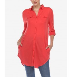 Women's Stretchy Button-Down Tunic Top Red $14.76 Tops