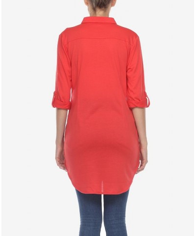 Women's Stretchy Button-Down Tunic Top Red $14.76 Tops