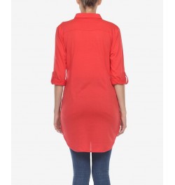 Women's Stretchy Button-Down Tunic Top Red $14.76 Tops