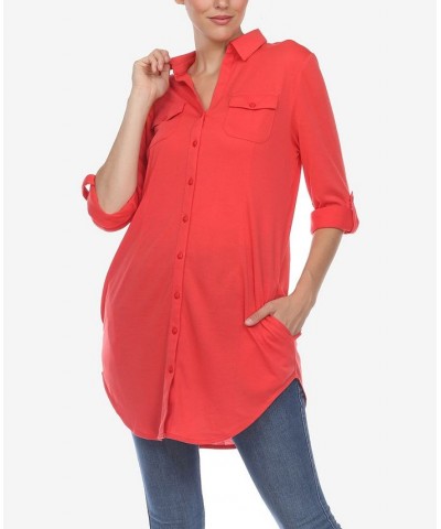 Women's Stretchy Button-Down Tunic Top Red $14.76 Tops