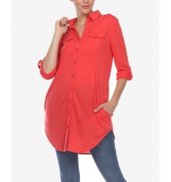 Women's Stretchy Button-Down Tunic Top Red $14.76 Tops