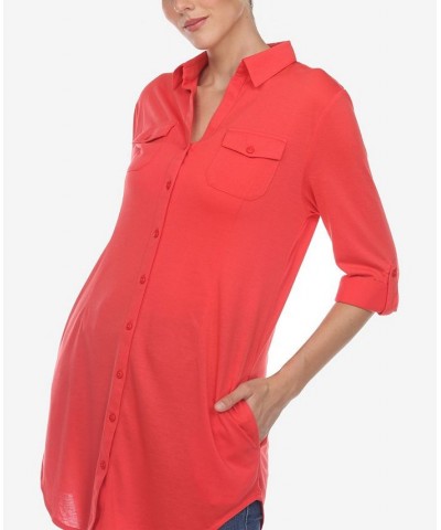 Women's Stretchy Button-Down Tunic Top Red $14.76 Tops