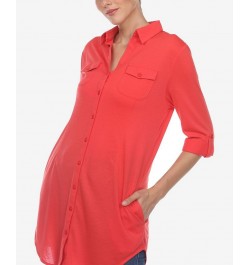 Women's Stretchy Button-Down Tunic Top Red $14.76 Tops