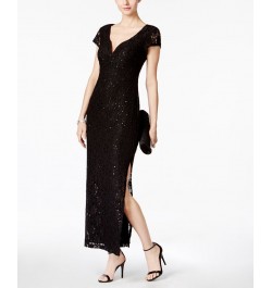 Petite Sequined Lace Column Gown Black $44.69 Dresses