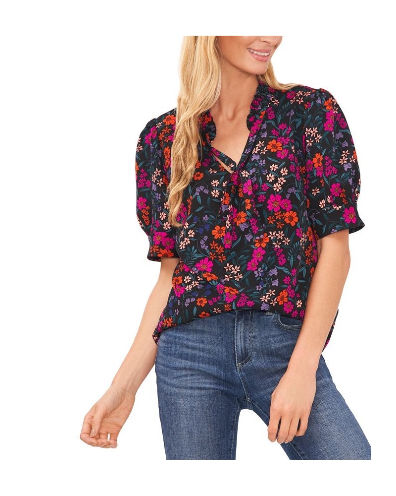 Women's Floral-Print Tie-Neck Puff-Sleeve Top Black $29.27 Tops