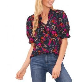 Women's Floral-Print Tie-Neck Puff-Sleeve Top Black $29.27 Tops