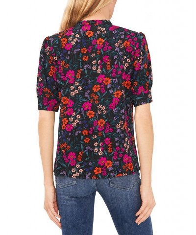 Women's Floral-Print Tie-Neck Puff-Sleeve Top Black $29.27 Tops