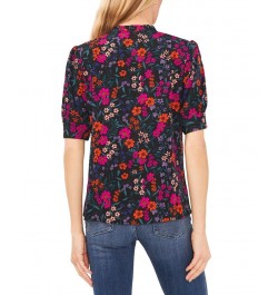 Women's Floral-Print Tie-Neck Puff-Sleeve Top Black $29.27 Tops