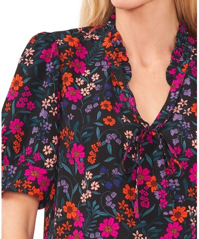 Women's Floral-Print Tie-Neck Puff-Sleeve Top Black $29.27 Tops