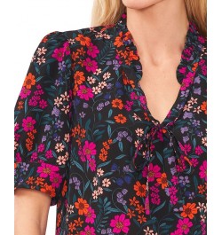 Women's Floral-Print Tie-Neck Puff-Sleeve Top Black $29.27 Tops