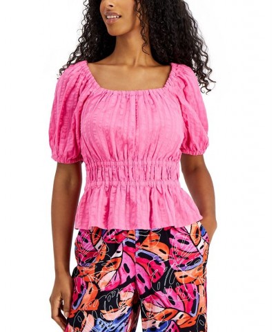 Women's Cotton Puff-Sleeve Smocked-Waist Top Pink $15.95 Tops