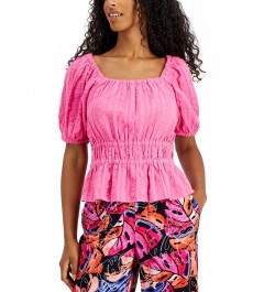 Women's Cotton Puff-Sleeve Smocked-Waist Top Pink $15.95 Tops