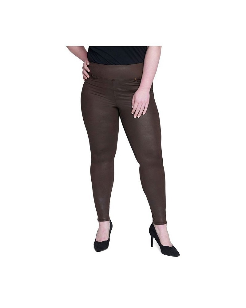 Jeans Women's Plus Size Tummy Toner Pull-on Coated Ponte Pants Espresso Coated Distressed Dark Brown $21.07 Pants